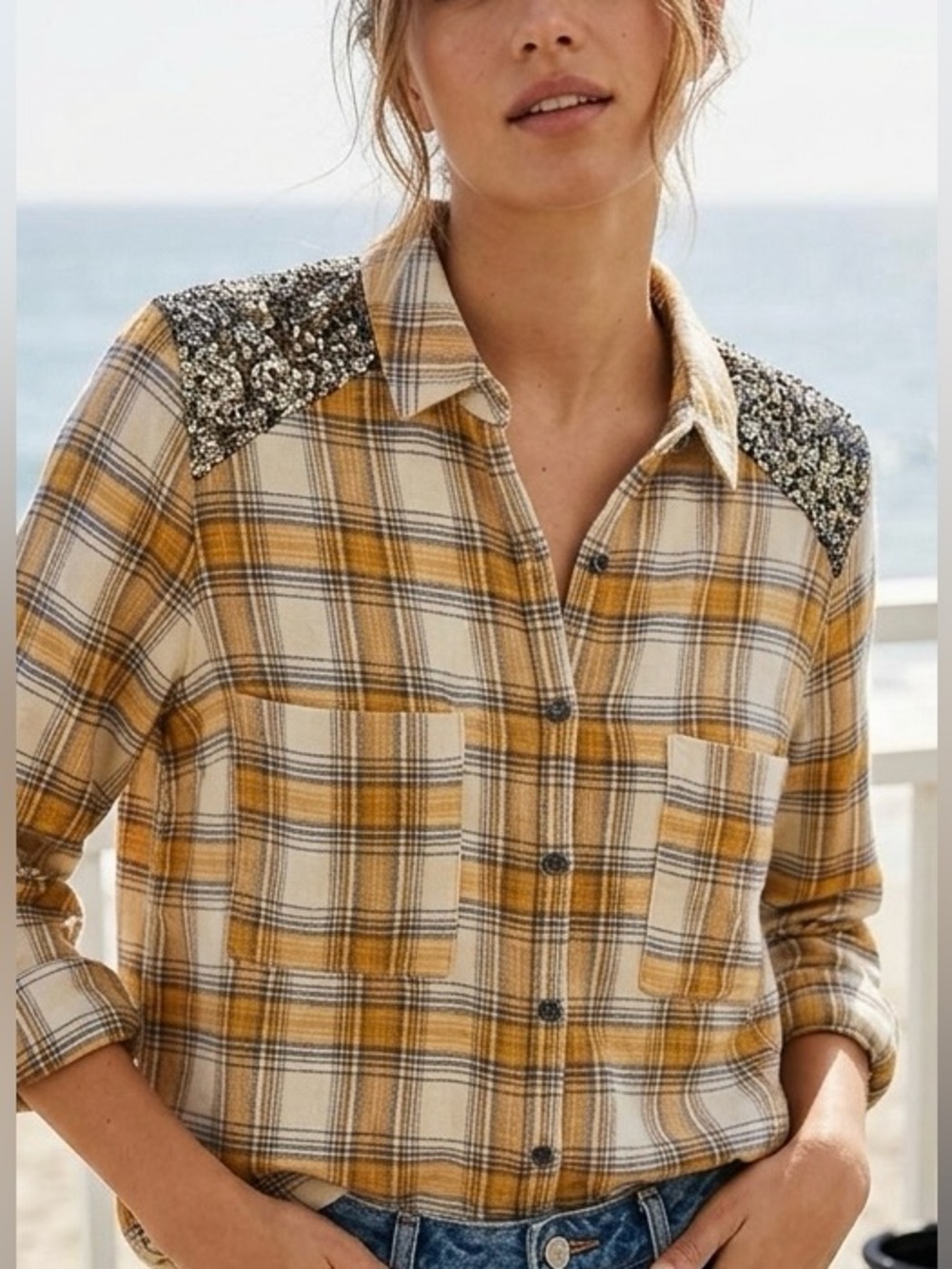FREE PEOPLE Yellow Plaid Shirt with Sequin Accents and front patch pockets